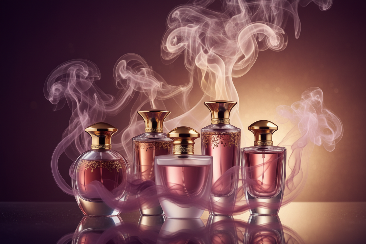 Red perfume bottles with gold caps and ribbon, SkinCandyMuse branding in stylish, luxurious setting