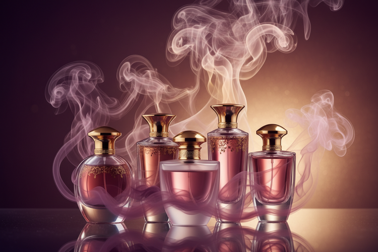 Red perfume bottles with gold caps and ribbon, SkinCandyMuse branding in stylish, luxurious setting