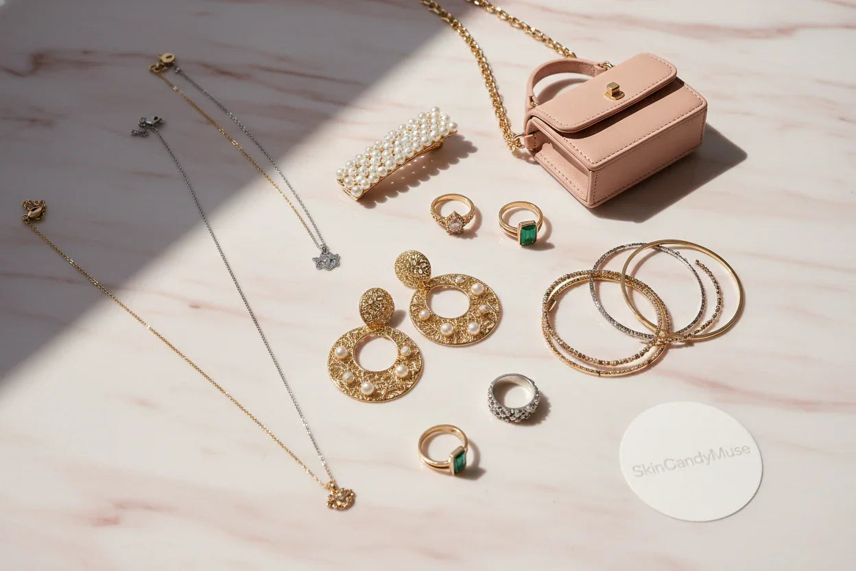 SkinCandyMuse jewelry and accessories display with gold earrings, rings, bangles, pearl hair clip, and pink mini handbag on marble surface.