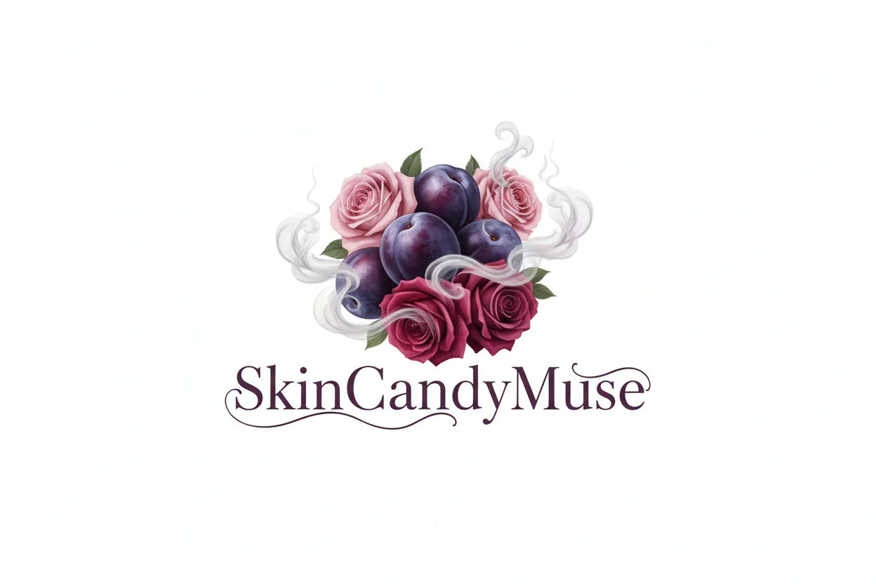 SkinCandyMuse logo with plums, pink and red roses, and swirling smoke on white background