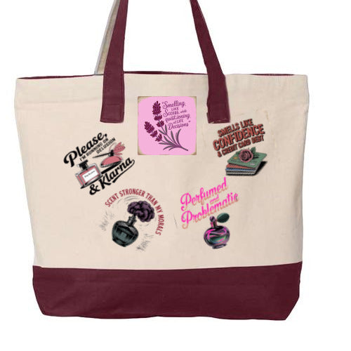 Cream and burgundy tote bag with empowering perfume-themed graphics and quotes, SkinCandyMuse style
