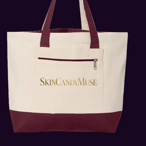Stylish canvas tote bag with maroon accents and SkinCandyMuse logo on front pocket